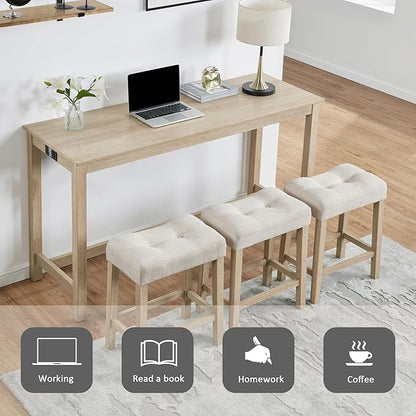 Knocbel Classic 3-Person Counter Height Bar Table Set with Power Outlet, 4-Piece Dinette Set with Padded Seat Stools, Apartment Condo Small Space Pub Bistro Dining Furniture Set (Light Oak)