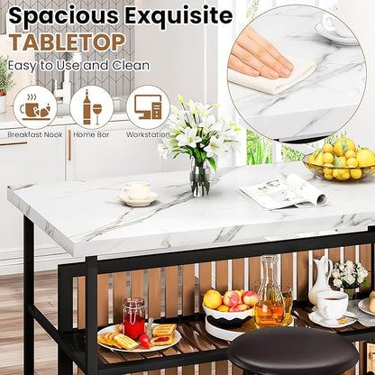 DKLGG Kitchen Island with Stools & Storage, Modern Dining Table Set for 2, 3 Piece Kitchen & Dining Room Sets Island Table for Small Space, Apartment, Home Bar, White