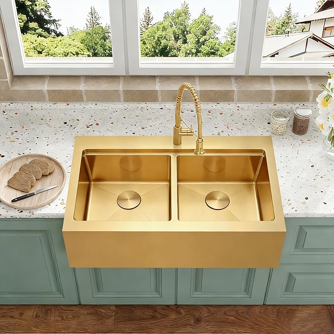 Gold Farmhouse Kitchen Sink 33 x 22 Drop In, 50/50 Double Bowl Farm Sinks, 16 Gauge Stainless Steel Workstation Sink with Ledge & Accessories, 33" x 22" x 10" Large and Deep Double Sinks