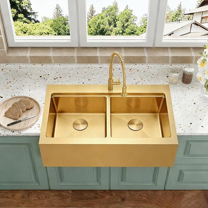 Gold Farmhouse Kitchen Sink 33 x 22 Drop In, 50/50 Double Bowl Farm Sinks, 16 Gauge Stainless Steel Workstation Sink with Ledge & Accessories, 33" x 22" x 10" Large and Deep Double Sinks