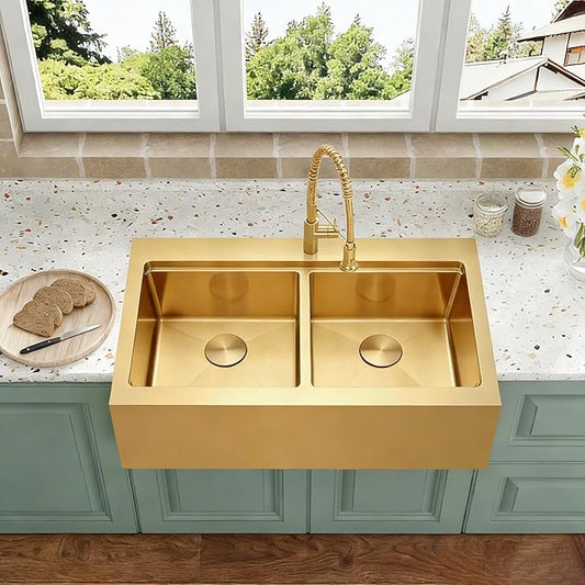 Gold Farmhouse Kitchen Sink 33 x 22 Drop In, 50/50 Double Bowl Farm Sinks, 16 Gauge Stainless Steel Workstation Sink with Ledge & Accessories, 33" x 22" x 10" Large and Deep Double Sinks