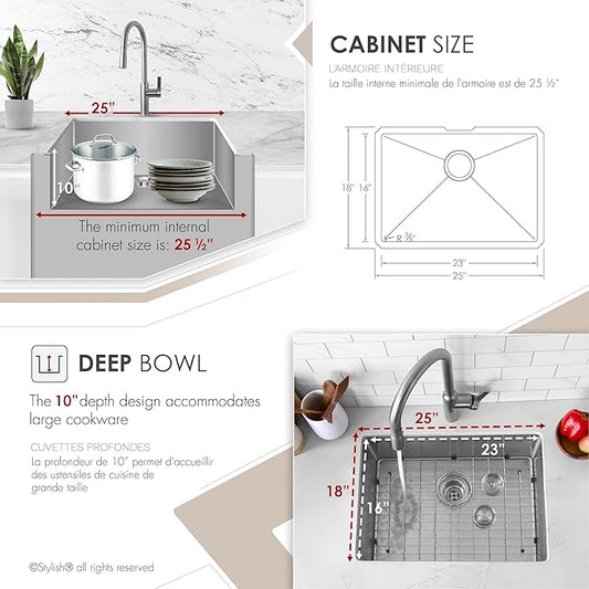 Stylish Undermount Kitchen Sink 25 x 18 Inch 16G Stainless Steel Sink 10mm Radius Corners Single Bowl Kitchen Sinks with Bottom Grid and Luxury Basket Strainer, S-312XG