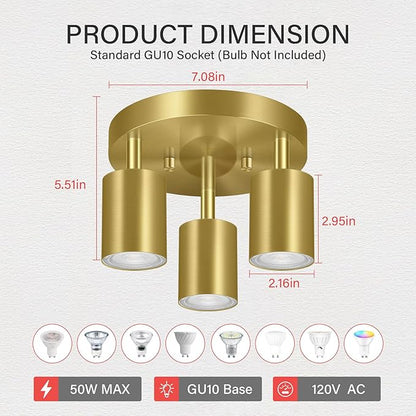 BoostArea LED 3 Light Track Lighting Kit, LED Track Lighting Fixtures, Gold Round Ceiling Spot Lighting, Flexibly Rotatable Light Head for Kitchen, Living Room, Bedroom, GU10 Bulb Not Included