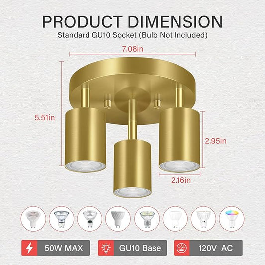BoostArea LED 3 Light Track Lighting Kit, LED Track Lighting Fixtures, Gold Round Ceiling Spot Lighting, Flexibly Rotatable Light Head for Kitchen, Living Room, Bedroom, GU10 Bulb Not Included