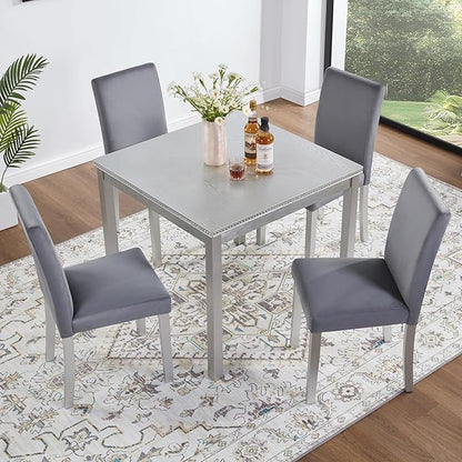 5 Piece Dining Table Set for 4, Square Wooden Kitchen Table with 4 Upholstered Chairs, Elegant Silver Grey Dining Room Set with Crystal Decoration