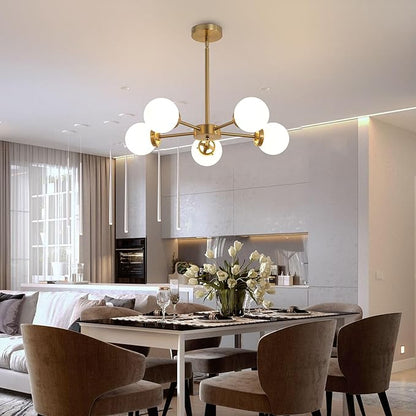 WINGBO 5-Light Sputnik Chandelier, Modern Pendant Light Fixture with 4.7" Opal White Glass Globe Shade for Flat and Slop Ceiling, Height Adjustable for Kitchen Living Room Dining Room Bedroom, Gold