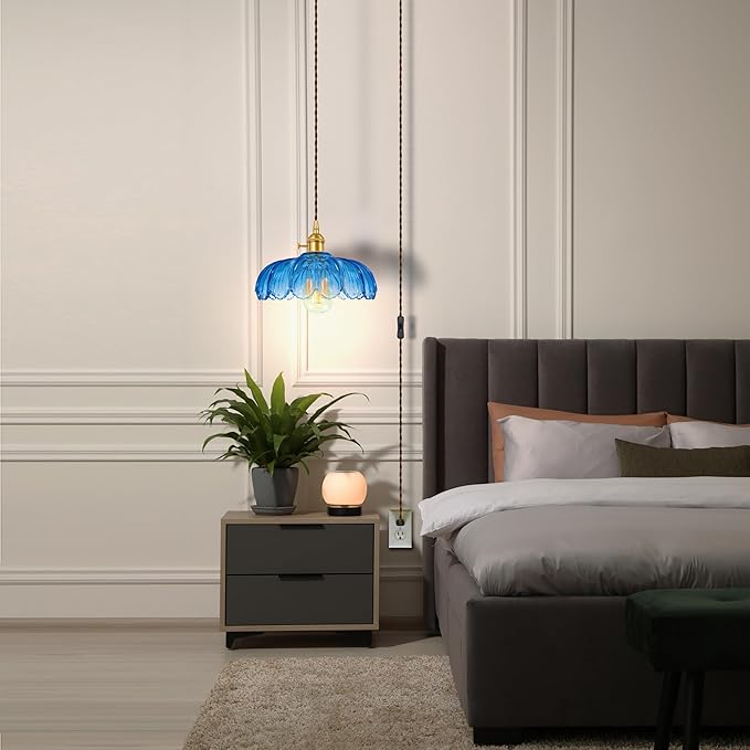 Plug-in Pendant Light Fixture, Hanging Light Fixture, Glass Pendant Light, Swag Lamp with Inline On/Off Switch for Kitchen Island, Bedroom, Dining Room, Living Room (Blue Lotus, Plug-in)
