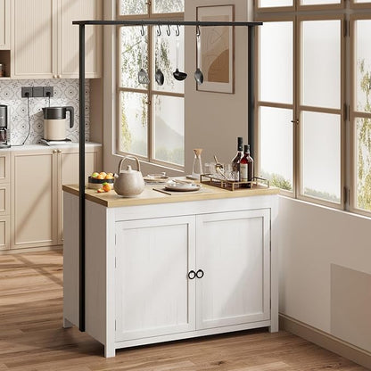 GarveeHome Kitchen Island with Storage 42 in - Heavy Duty Kitchen Cart, Mobile Kitchen Island with 2-Tier Shelves & 5 Hooks, Solid Wood Countertop for Small Spaces (White & Natural)