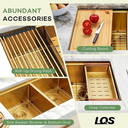 LQS Brushed Gold Kitchen Sink 32 Inch, 16 Guage Stainless Steel Undermount Gold Double Kitchen Sink with Smart Workstation, Luxury Golden Accessories for Modern Kitchen Style