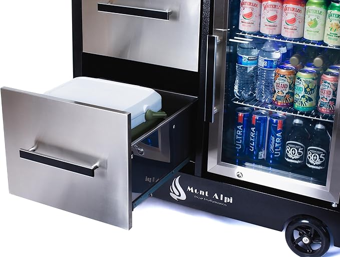 Mont Alpi Stainless Steel 48"W x 22.5"D x 36"H Large Outdoor Kitchen Island Rolling Bar Cart Prep Table Grill Station with Ceramic Top & Beverage Refrigerator + Storage Drawers + Portable Ice Cooler