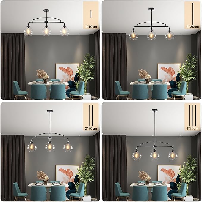 Modern Linear 3-Light Black Chandelier with Framed Arms, Industrial Kitchen Island Pendant Light Fixture with Clear Glass Globes, Ceiling Bar Lighting for Dining Table, Pool Table