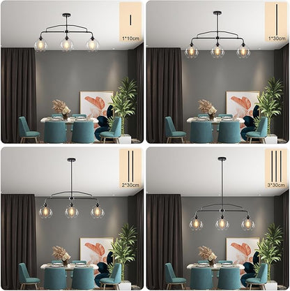 Modern Linear 3-Light Black Chandelier with Framed Arms, Industrial Kitchen Island Pendant Light Fixture with Clear Glass Globes, Ceiling Bar Lighting for Dining Table, Pool Table