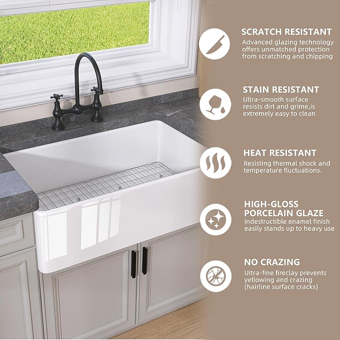GETPRO Farmhouse Sink 33 Inch Fireclay White Kitchen Sink Apron Front Farm House Large Deep Single Bowl Undermount Modern Luxury Kitchen Basin Easy to Clean