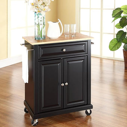 Crosley Furniture Compact Wood Top Small Rolling Cart with Shelves, Microwave Stand with Towel Rack, Black