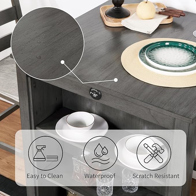Bar Table Set with Charging Station & 3-Tier Storage, Space-Saving Dining Table Set for 2 with Upholstered Chairs, Small Kitchen Island for Apartment (30 inch+Gray)