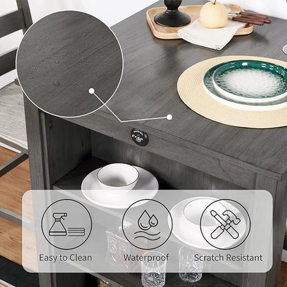 Bar Table Set with Charging Station & 3-Tier Storage, Space-Saving Dining Table Set for 2 with Upholstered Chairs, Small Kitchen Island for Apartment (30 inch+Gray)