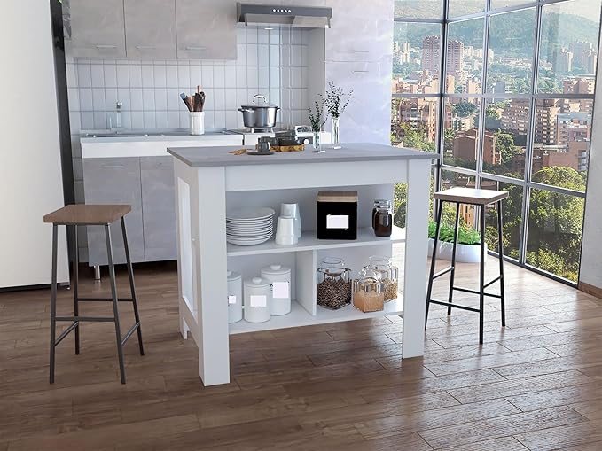 Kitchen Island Kitchen Table 35" H Four Legs with 3 Open Storage Shelves Wide Top for Meal Prep Spacious Leg Room Practical(Gray White)