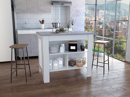 Kitchen Island Kitchen Table 35" H Four Legs with 3 Open Storage Shelves Wide Top for Meal Prep Spacious Leg Room Practical(Gray White)