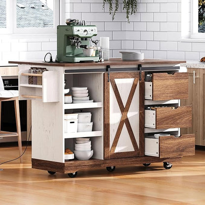 Ball & Cast Farmhouse Kitchen Island with Drop Leaf & Barn Door,Rolling Kitchen Cart on Wheels with Power Outlet,3 Large Drawers,Adjustable Shelf & Spice Rack,for Home,Kitchen,Dining Room,White,56"