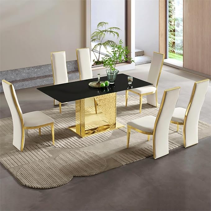 Modern Rectangular Glass Dining Table for 6-8,Elegant Dining Room Tables with Gold Mirrored Stainless Steel Base,70'' Kitchen Table with Black Glass top,for Kitchen Room/Office(Only Table)