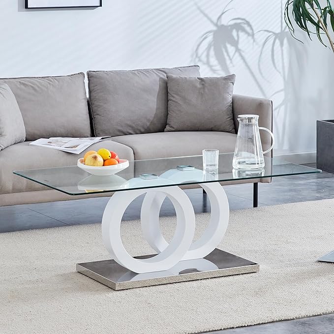 Glass Coffee Table for Living Room, 47" Modern Rectangle Coffee Tables with Tempered Glass Top and Unique Wooden Base, Clear Center Table for Living Room, Apartment, Office