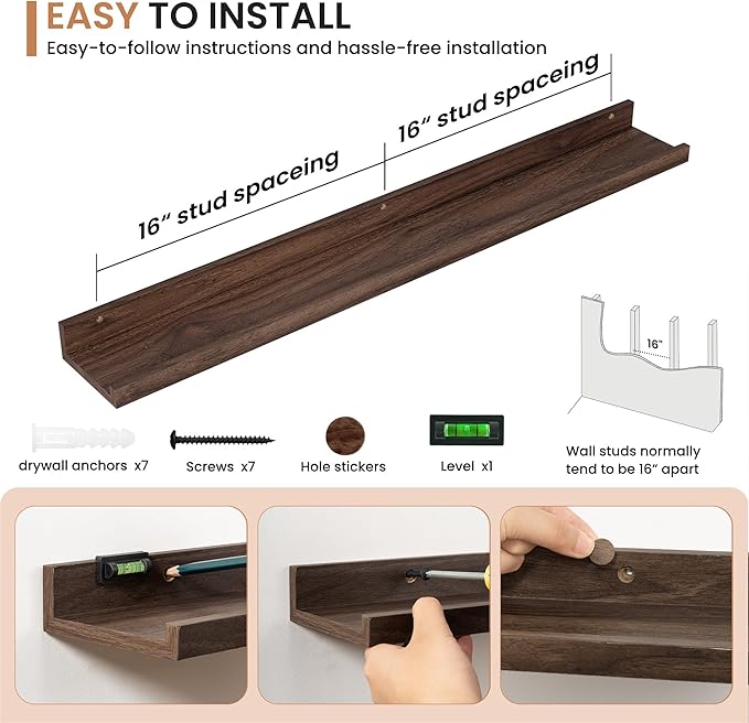 Dreamland Picture Ledge Shelf for Wall, Floating Shelves Set of 2, 36 Inch Long Floating Shelves with Lip for Living Room, Bedroom, Bathroom, Kitchen, Walnut