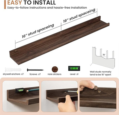 Dreamland Picture Ledge Shelf for Wall, Floating Shelves Set of 2, 36 Inch Long Floating Shelves with Lip for Living Room, Bedroom, Bathroom, Kitchen, Walnut