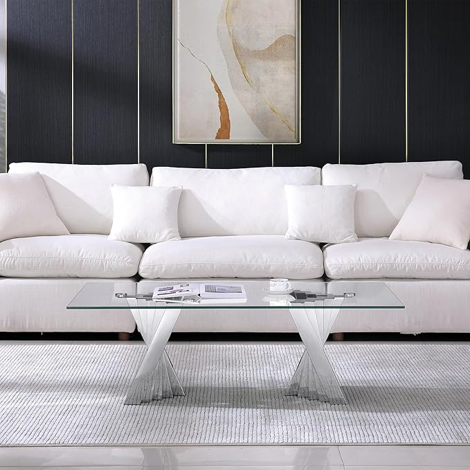Henf Silver Glass Coffee Table with Mirrored Stainless Steel Base, 51"" Rectangle Modern Living Room Table Cocktail Table Luxury Tea Table Coffee Table for Home Office Living Room