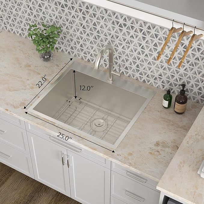 Kichae 25 Inch Laundry Sink - 25x22 Kitchen Sink Drop In Utility Sink 12" Deep Sink Topmount Single Bowl Stainless Steel RV Laundry Sinks Handmade with Accessories