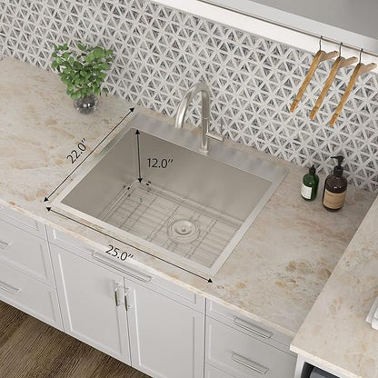 Kichae 25 Inch Laundry Sink - 25x22 Kitchen Sink Drop In Utility Sink 12" Deep Sink Topmount Single Bowl Stainless Steel RV Laundry Sinks Handmade with Accessories