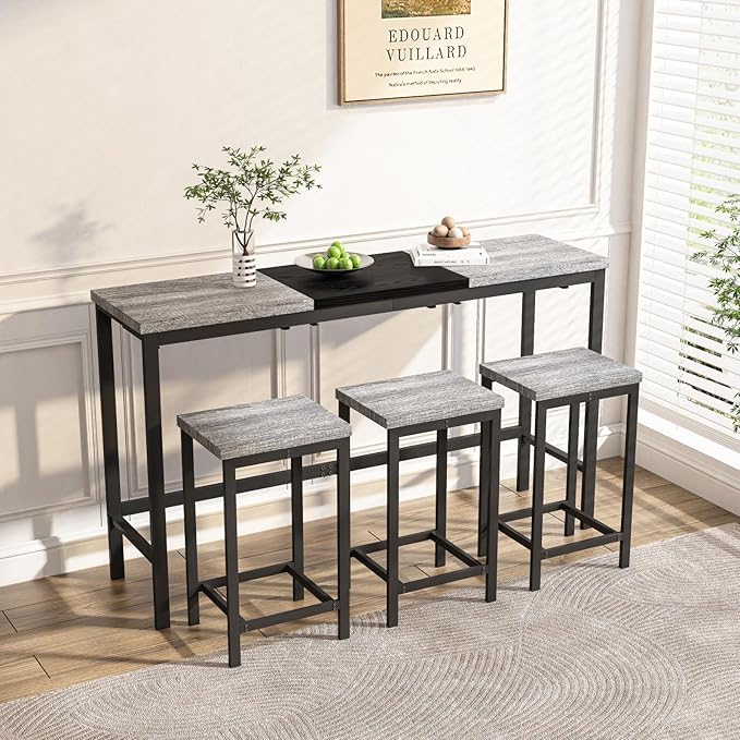 4 Piece Modern Design Kitchen Dining Table,1 Bar Table and Small Kitchen Table Set for 3,Wooden Counter Height Table Set for Kitchen,Convenient Hanging Stool Design,Dining Room Island Table (Grey)