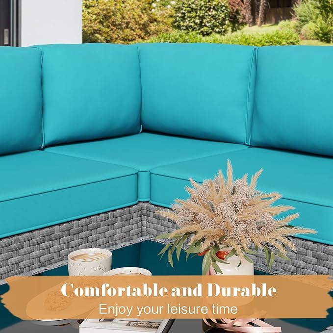 JAMFLY 5-Piece All-Season Wicker Patio Sofa Set with Thick Cushions & Coffee Table, Modular Indoor Outdoor Furniture for Poolside, Garden, Sunroom & Porch, Blue