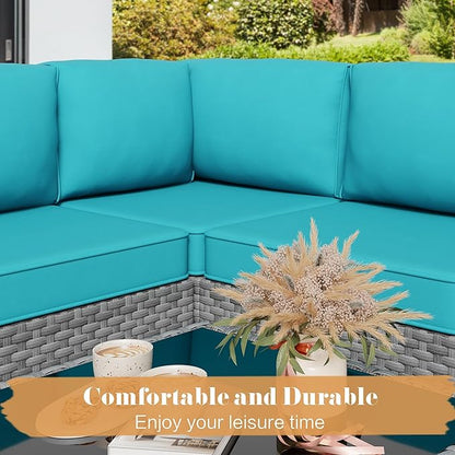 JAMFLY 5-Piece All-Season Wicker Patio Sofa Set with Thick Cushions & Coffee Table, Modular Indoor Outdoor Furniture for Poolside, Garden, Sunroom & Porch, Blue