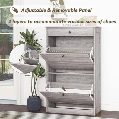 FTZxHKLX Shoe Storage Cabinet with 2 Flip Drawers, Narrow Freestanding Hidden Shoe Rack Cabinet, Pet-Proof Shoe Organizer for Closet, Entryway, Hallway, Wash Grey