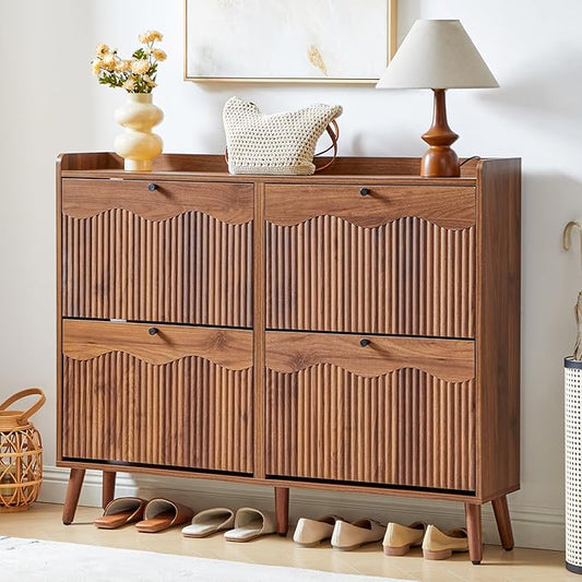 BERRYMERRY 47.2” Shoe Storage Cabinet for Entryway with 4 Flip Drawers, Narrow Shoe Organizer with Wave&Fluted Panel, Freestanding Wood Hidden Shoe Cabinet for Hallway