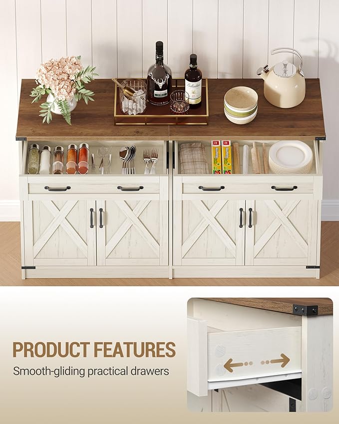 Hzuaneri Kitchen Storage Cabinet, Buffet Cabinet with Storage, Modern Farmhouse Sideboard Cabinets with Drawer, 55.1" Coffee Bar Cabinets with Doors & Adjustable Shelves, for Kitchen, White Brown