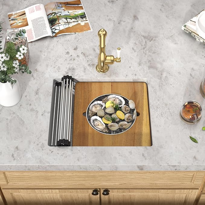 21"x18" Undermount Bar Sink Workstation - 21 Inch Granite Composite White Quartz Classic Single Bowl Under Counter Small Prep Rv Sink All-In One #TLGU-139