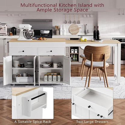 74.5 Inch Kitchen Island with Extendable Dining Table, Rolling on Wheels, Spice Rack, 2 Drawers, 4 Door Cabinet(White)
