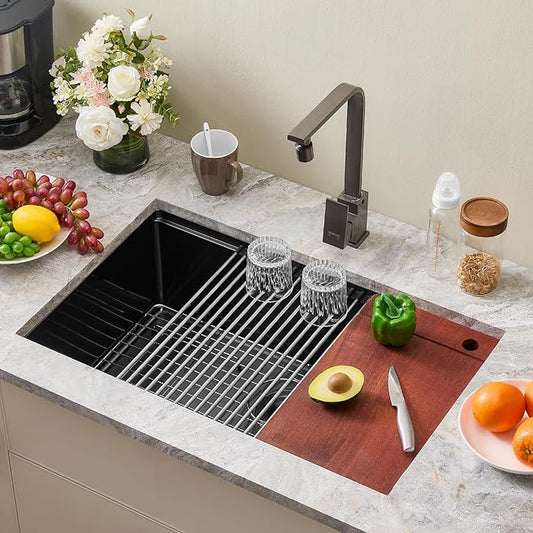 33 Inch Black Undermount Kitchen Sink Single Bowl Kitchen Stainless Steel Sink with Cutting Board,(Undermount Single Bowl, 33Inch Black)