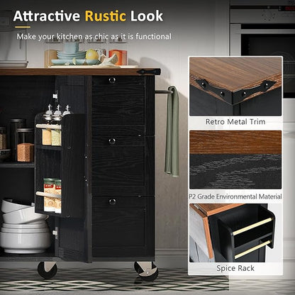 Merax 54.5" Upgraded Kitchen Cart Island on Wheels with Power Outlet,Drop Leaf and 3 Side Drawers,Farmhouse Wood Frame Storage Cabinet