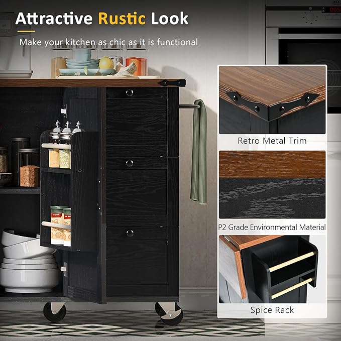54" Farmhouse Kitchen Island with Power Outlet and Drop Leaf, Rolling Kitchen Cart on Wheels with Spice Rack & Towel Holder, Mobile Storage Island with Internal Storage Rack