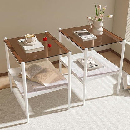 Set of 2 Glass End Table, 2-Layer Glass Living Room Table, Modern Tea Table Side Tables for Home Office Furniture
