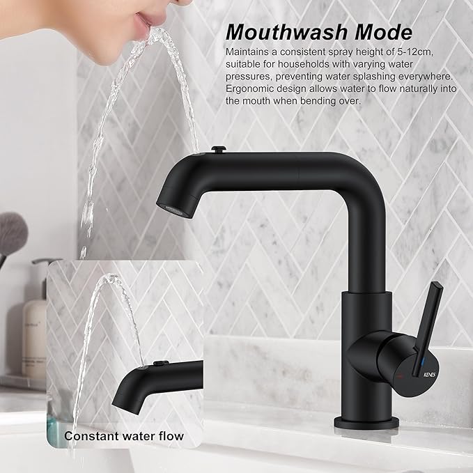 KENES Matte Black Bathroom Faucet with Pull Down Sprayer, Single Handle Bathroom Sink Faucet with Pull Out Sprayer, Vanity Bar Faucet with Pop Up Drain & Deck Plate, LJ-9055A-2