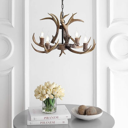 JONATHAN Y 26" Brown Rustic Resin Antler 4-Light LED Chandelier, Farmhouse Faux Deer Horn Hanging Ceiling Light for Dining Room, Kitchen Island, Adjustable Light Fixture JYL6301A