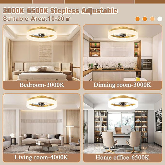 VOLISUN Low Profile Ceiling Fans with Lights and Remote,15.7in Modern Ceiling Fan Flush Mount, 3000K-6500K Dimmable Bladeless LED Fan Light,Gold Fandelier Ceiling Fans with Lights for Bedroom
