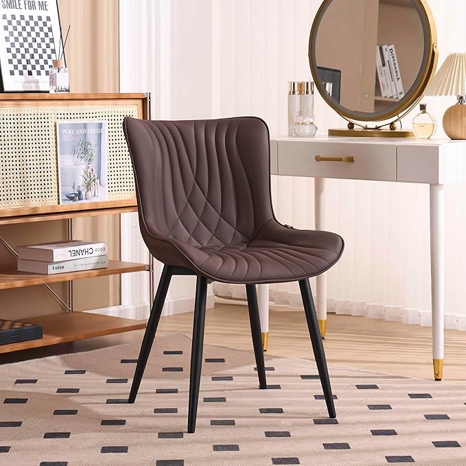 Kidol & Shellder Dining Chairs Set of 2, Mid Century Modern Kitchen Chairs with Black Metel Legs, PU Leather Upholstered Side Chair for Dining Room, Living Room, Lounge, Restaurant, Brown