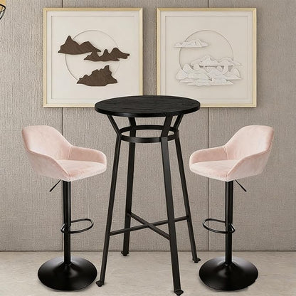 Glitzhome Bar Table and Chairs Set, Round Black Steel Pub Table with Soild Elm Wood Top and Bar Height Adjustable Swivel PU Leather Bar Stool for Breakfast Nook Living Room Small Space Restaurant