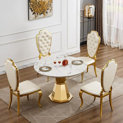 47" Round Marble Dining Table for 4-6, Luxury Modern Kitchen Table with Marble Grain MDF Tabletop & Gold Mirrored Stainless Steel Pedestal Base, Grey Stone Dinner Table for Dining Room (Table Only)