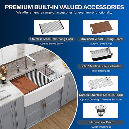 33 White Farmhouse Sink Workstation, Hugsleek Undermount Farm Kitchen Sink 33x21 inch Apron Front White Porcelain Ceramic Fireclay Sinks Ledge Accessories Under Counter Single Bowl Farmer Sinks Basin