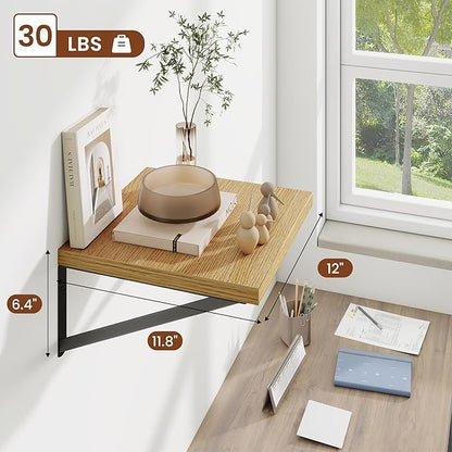 Deep Wall Shelves 12"W x 12"D Engineered Wood Floating Shelves for Wall, Sturdy Metal Bracket Bookshelves Home Decor Storage for Living Room Bedroom Bathroom Kitchen, Set of 2, Oak Finish